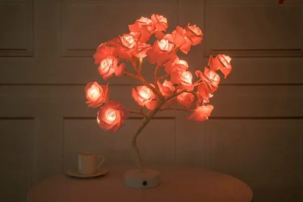 White and red rose flower LED table lamp with USB and battery power options