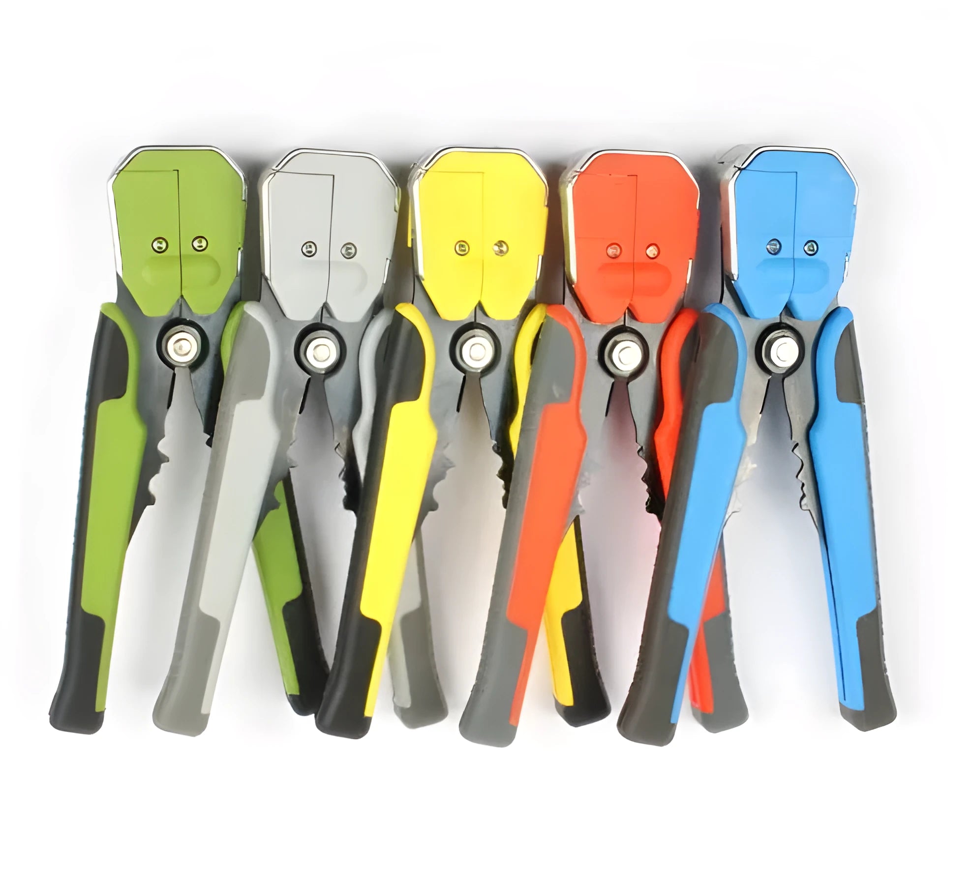 Yellow automatic wire stripper crimping plier with adjustment screw and alloy steel jaws