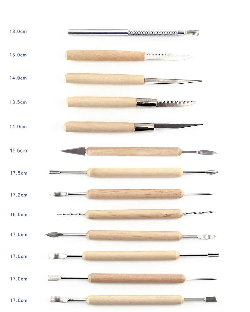 27-piece pottery clay tool set with wooden, stainless steel, and plastic tools in brown roll package