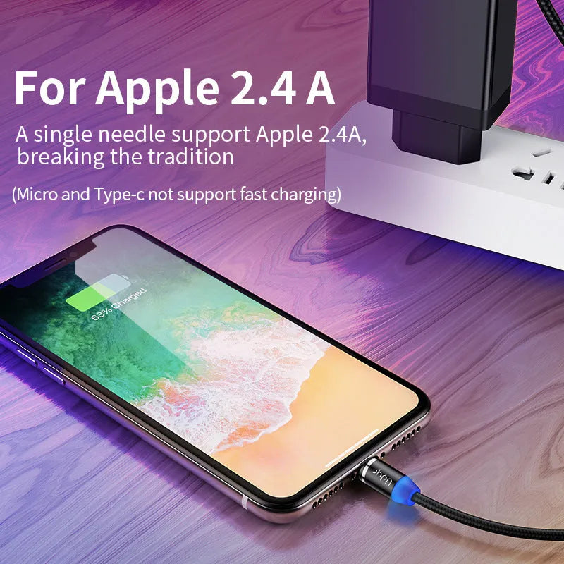Magnetic USB charging cable with Android, Apple, and USB-C tips in black, red, and silver colours