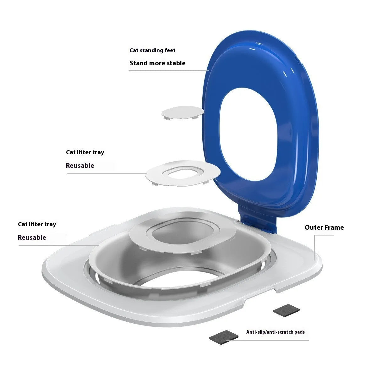 Fifth generation cat toilet trainer tray in blue colour, made from ABS plastic