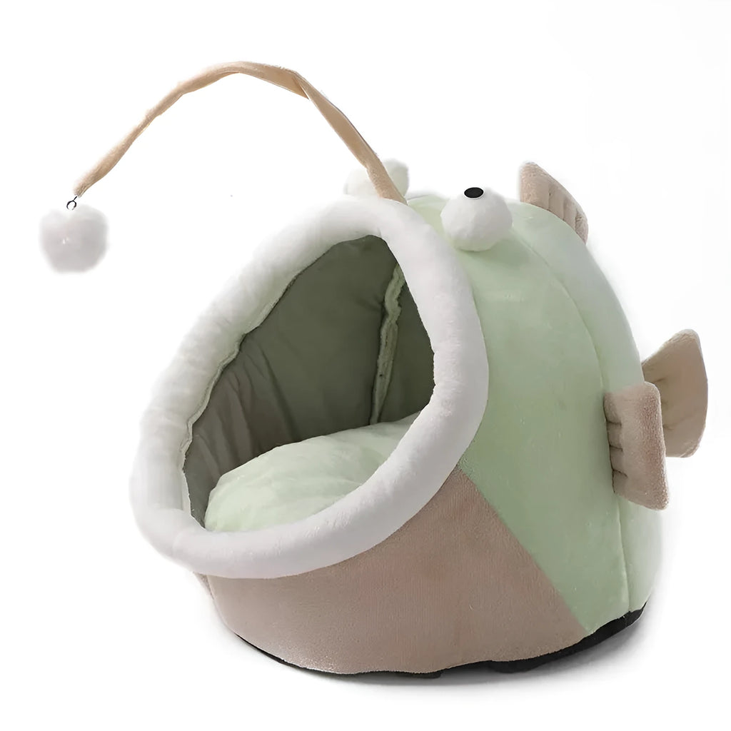 Grey semi-closed deerskin velvet cat house bed for small dogs or cats, shown in S, M, and L sizes.