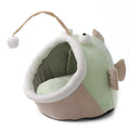 Grey semi-closed deerskin velvet cat house bed for small dogs or cats, shown in S, M, and L sizes.