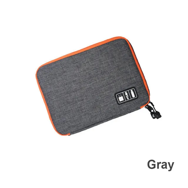 Data cable storage bag in black nylon with double zipper, small size 24x17x3cm