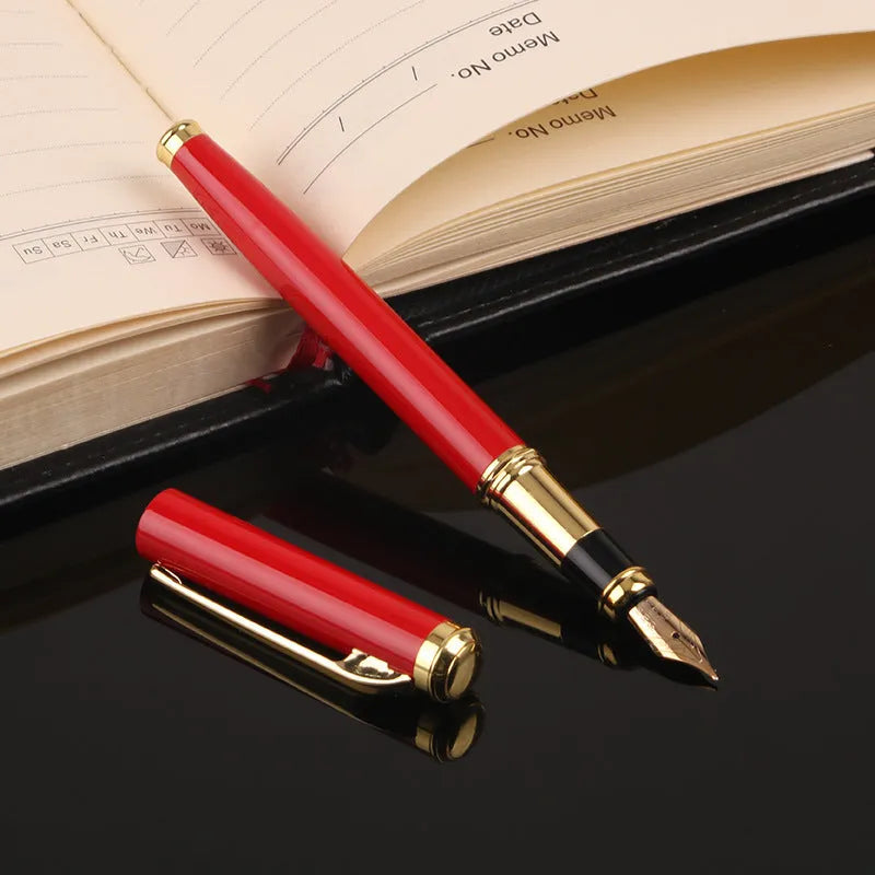 Red and black metal ballpoint pens with 0.5mm fine writing tips on white background