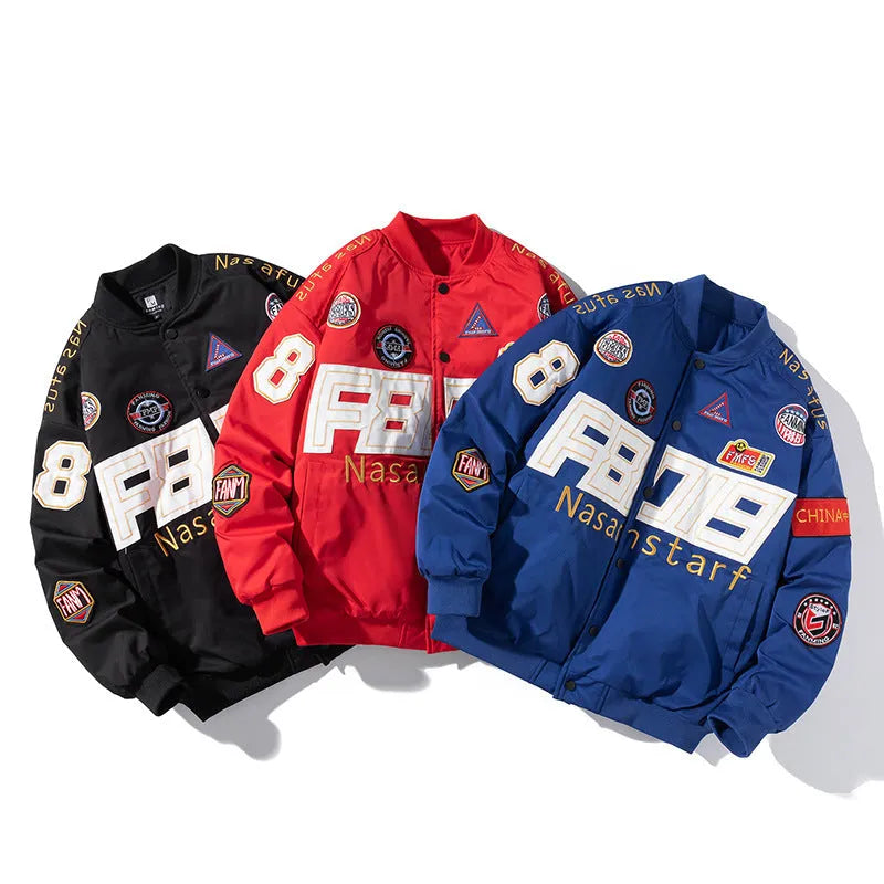 American motorcycle baseball uniform jacket in black with detachable hood and side seam pockets