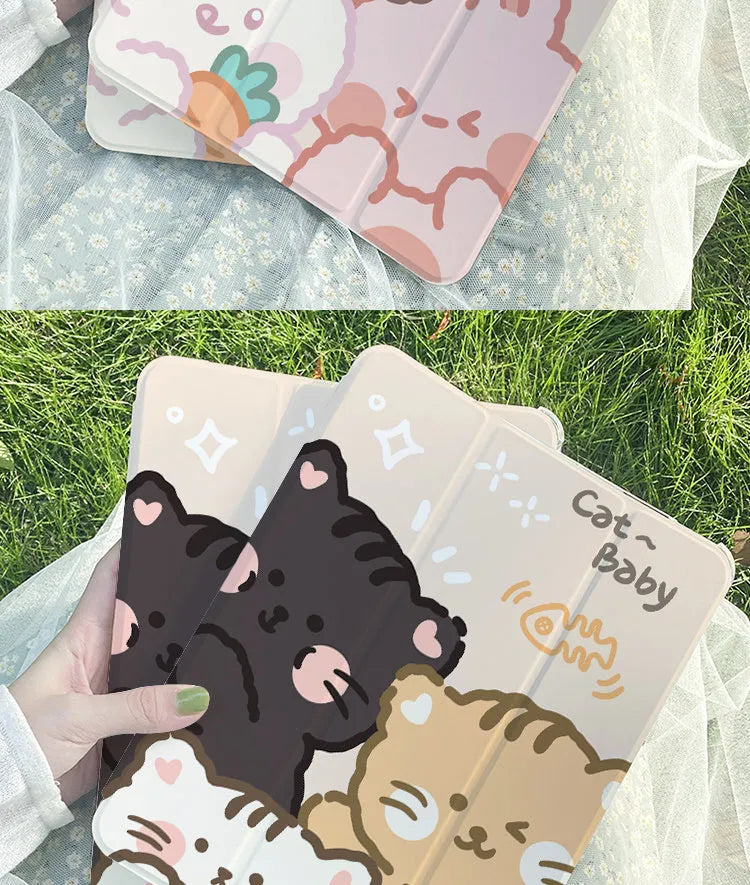 Silicone tri-fold iPad protective case with cartoon rabbit pattern, shown in stand mode.