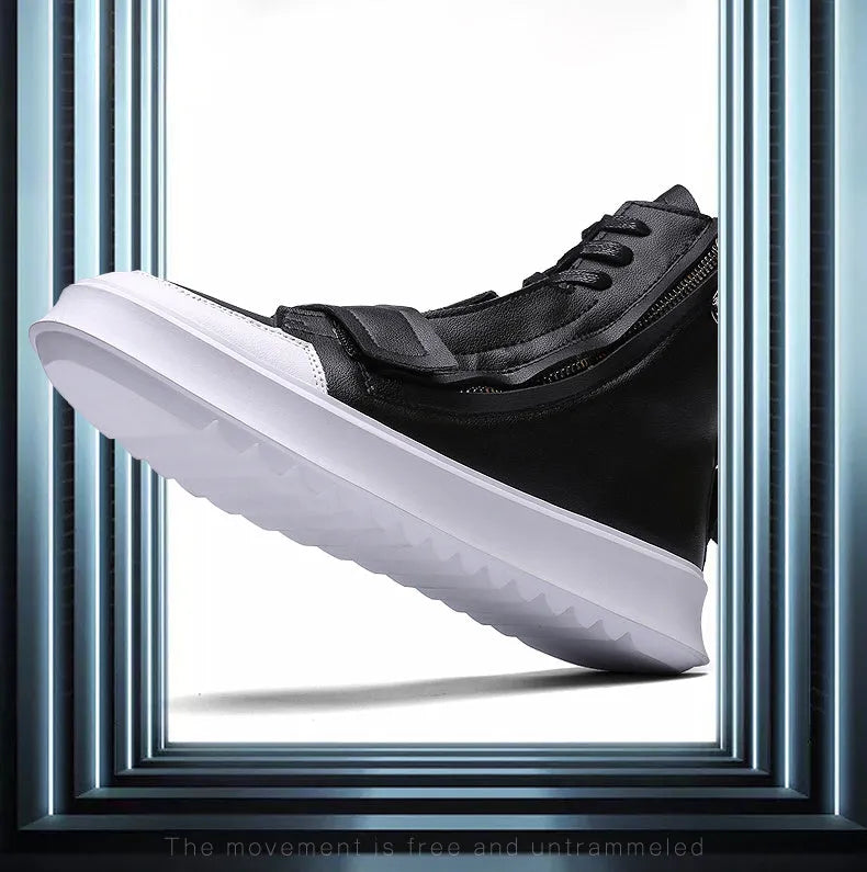 Black PU leather men's ankle boots in high-top sneakers style with microfiber upper construction