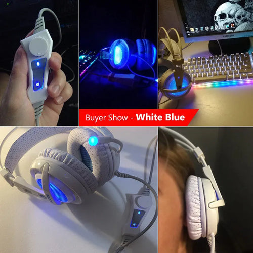 Black and white 7.1 channel USB gaming headset with LED lights on ear cups.