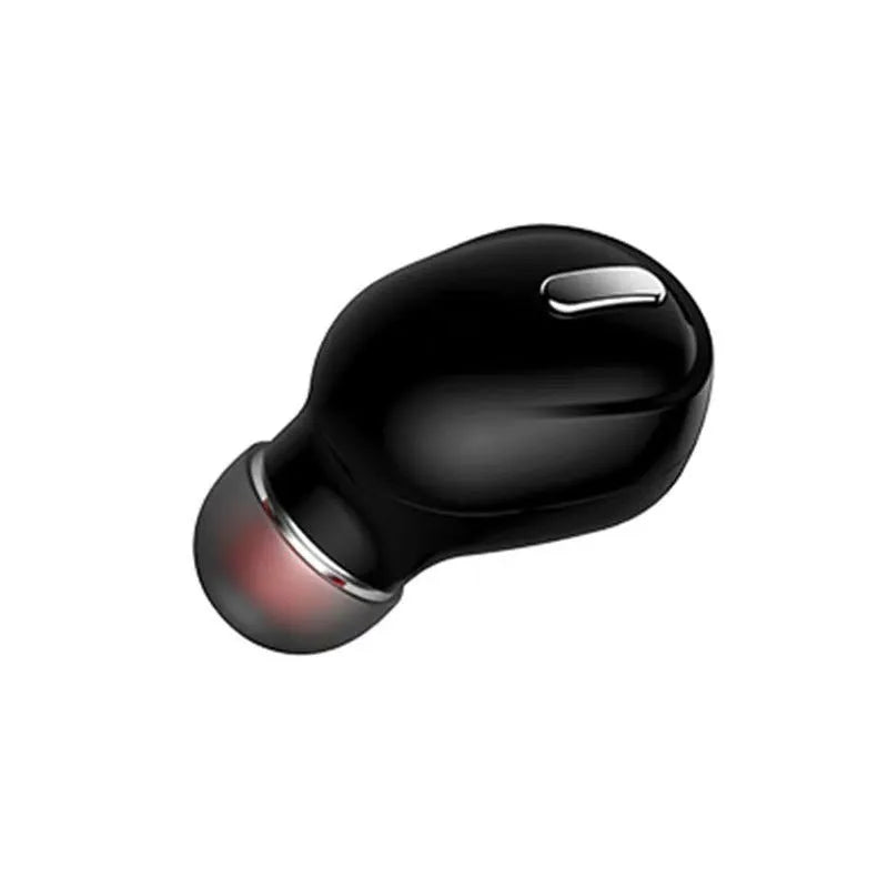 X9 mini single ear Bluetooth headset in black or white metal finish shown as an earplug-style wireless device.