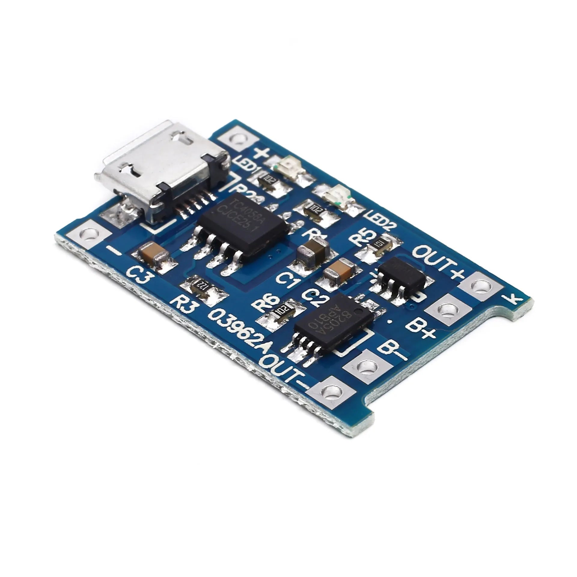 Blue lithium battery charging and protection circuit board with micro USB port.