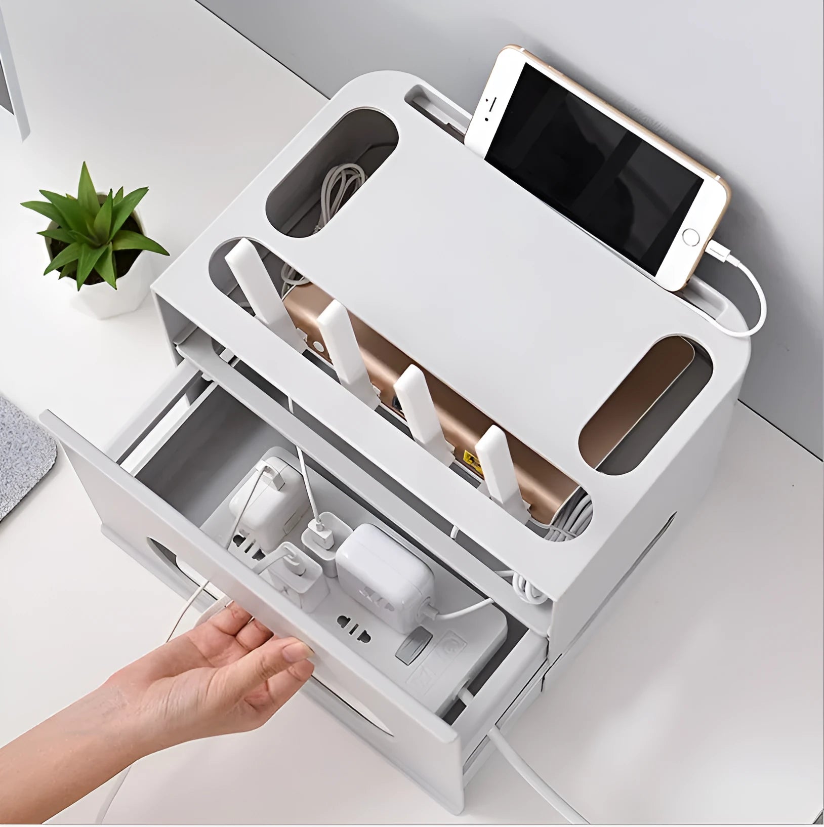 Plastic wireless router storage box in grey and white colour options