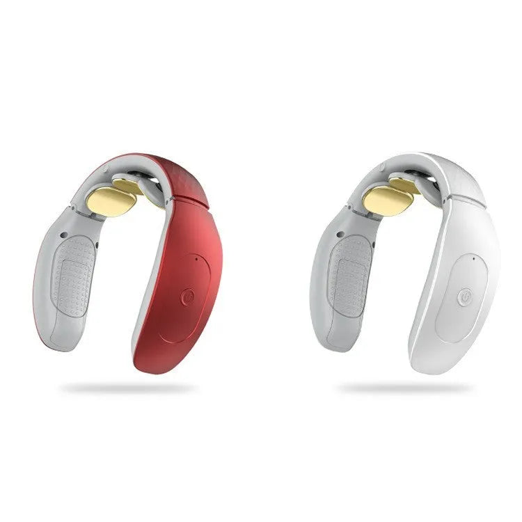 Red and white intelligent cervical massager unit with handheld design and multiple massage modes.