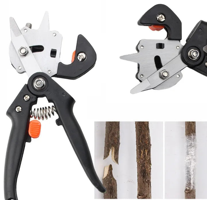 Black handheld grafting scissors with high carbon steel blade, open position showing U-shape cutting slot