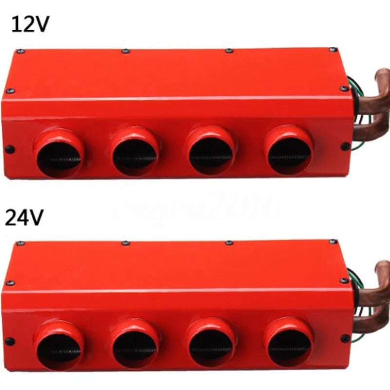 Compact metal car heater with copper pipe connections for 12V or 24V vehicle installation.