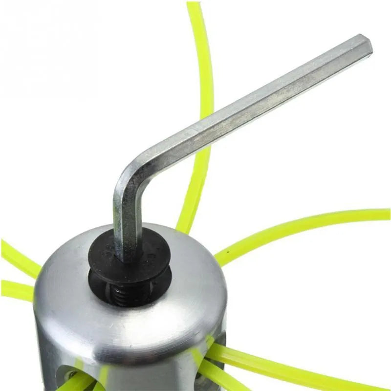 Silver aluminium lawn mower trimmer head with four light yellow square grass cutting lines