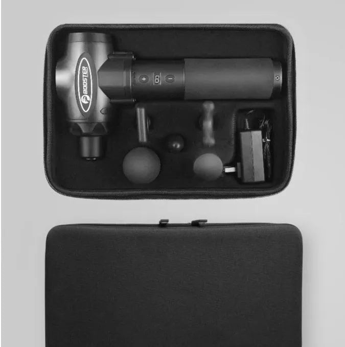 Black and white cordless massage gun with deep tissue 12mm stroke.