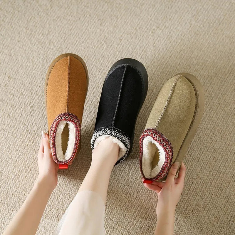 Baotou plush half slippers women's warm fleece thick sole ankle flats in black, khaki, brown