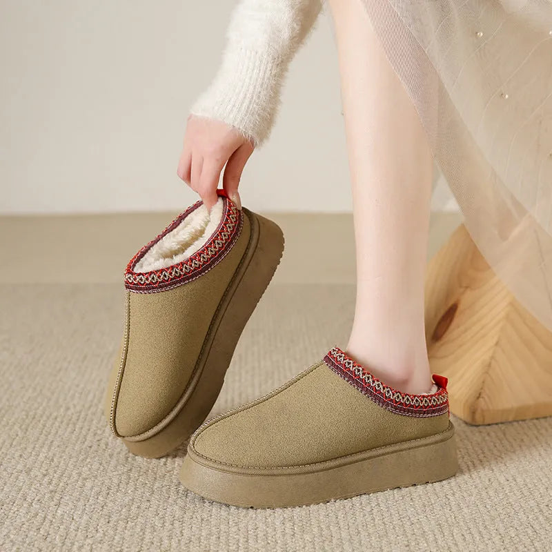 Baotou plush half slippers women's warm fleece thick sole ankle flats in black, khaki, brown