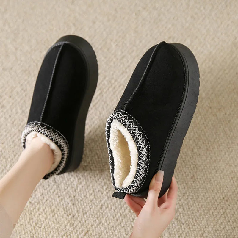 Baotou plush half slippers women's warm fleece thick sole ankle flats in black, khaki, brown
