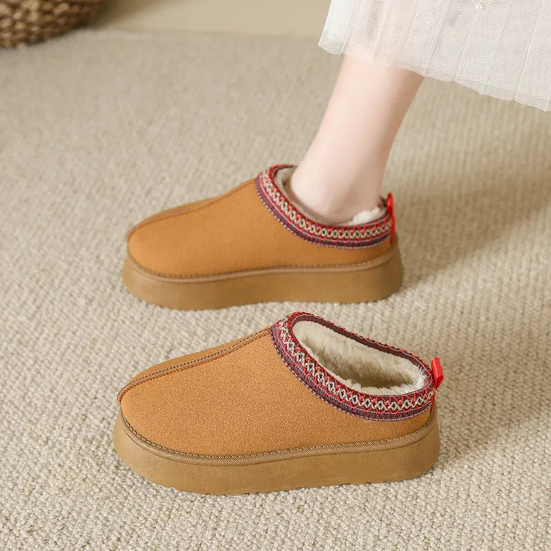 Baotou plush half slippers women's warm fleece thick sole ankle flats in black, khaki, brown