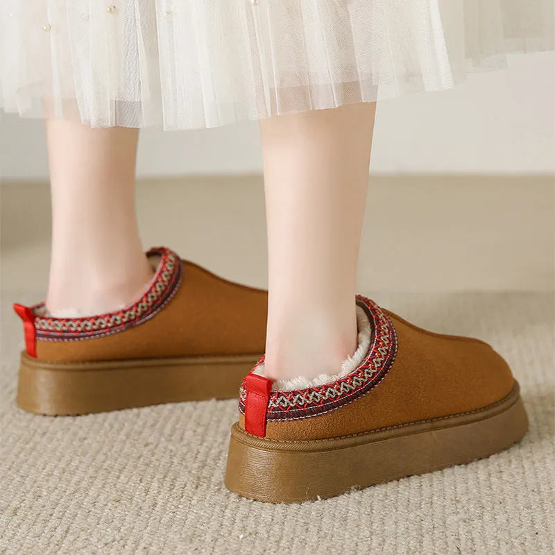 Baotou plush half slippers women's warm fleece thick sole ankle flats in black, khaki, brown