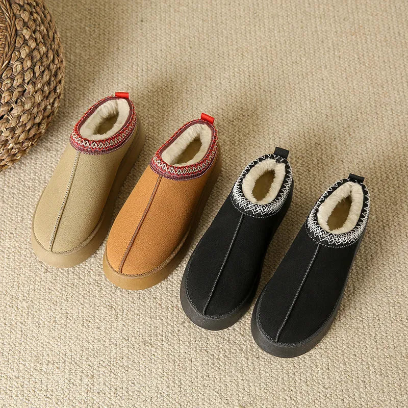 Baotou plush half slippers women's warm fleece thick sole ankle flats in black, khaki, brown