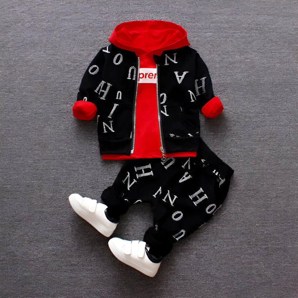Red and white children's long sleeve clothing set made from polyester and vinylon blend fabric
