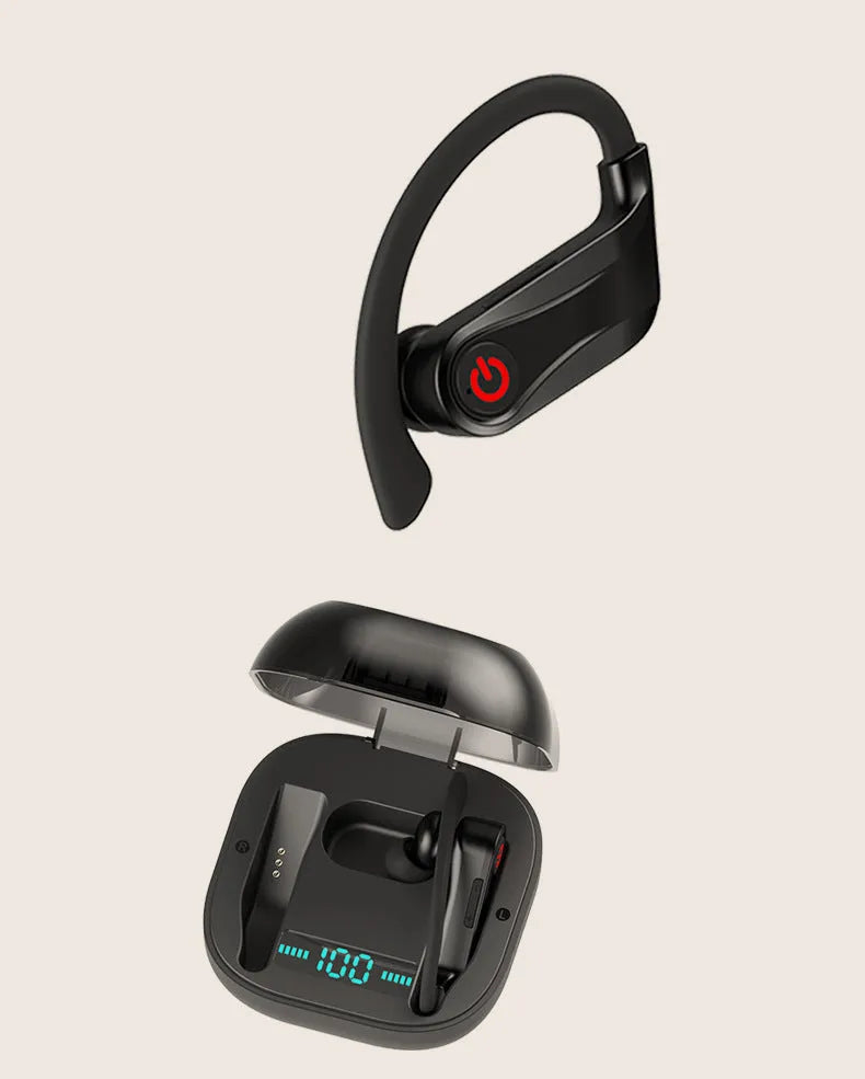 Black wireless Bluetooth earbuds headset with a 10-metre range and voice control functions.