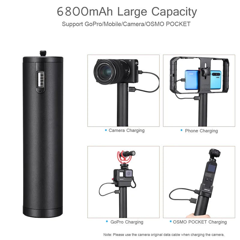 Black aluminium alloy handheld power bank with 6800mAh capacity shown from the side.