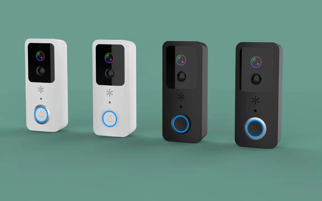 Black or white waterproof smart visual doorbell unit for outdoor security.