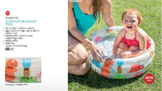 INTEX inflatable baby pool with dinosaur and volcano print, 61cm round, deflated on grass