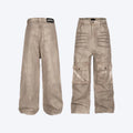 Women's dark marble wash straight leg loose fit denim casual trousers on a mid-waist