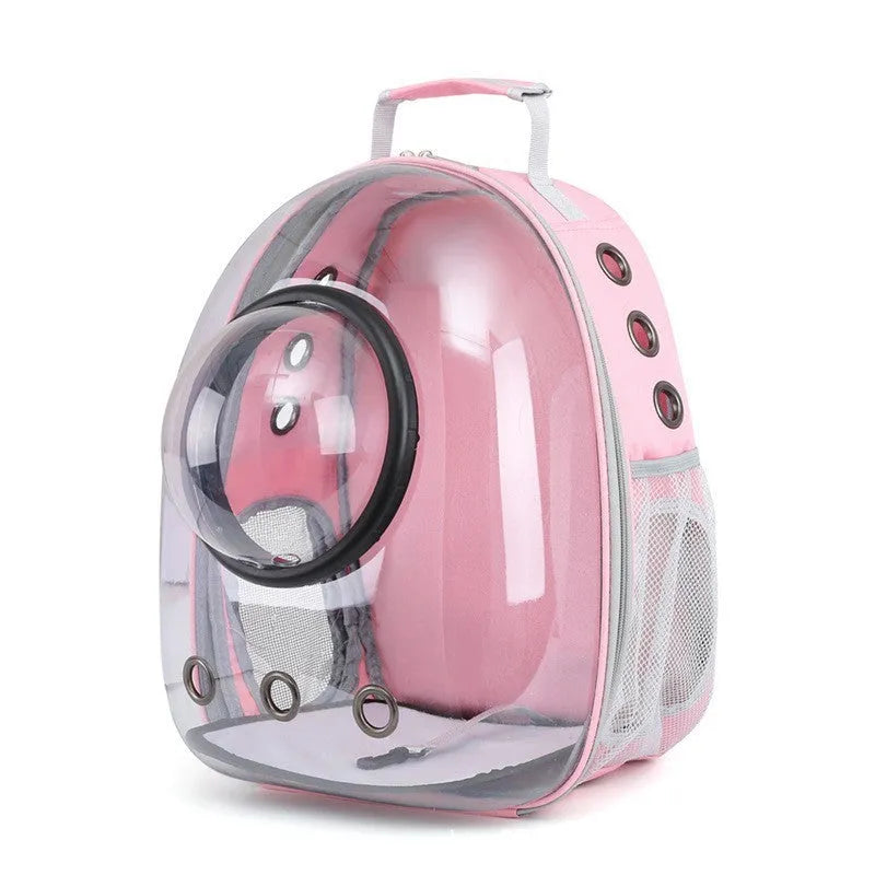 Grey astronaut dome-shaped cat carrier bag with a side opening for pet access.