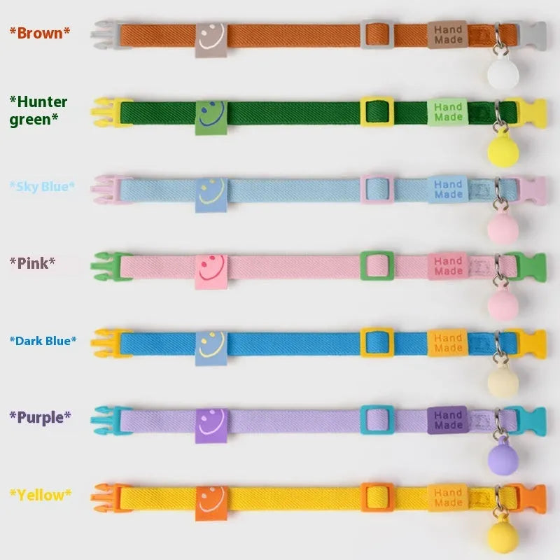 Elastic monochrome pet collar for small dogs in seven colour options on a white background.