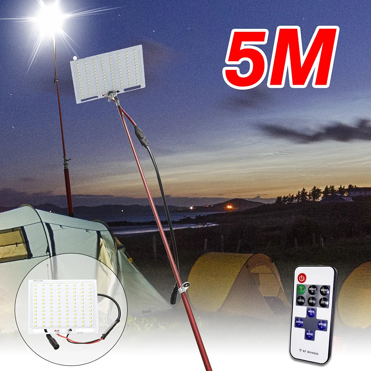 White LED fishing rod light unit mounted on a tall telescopic pole with a remote control