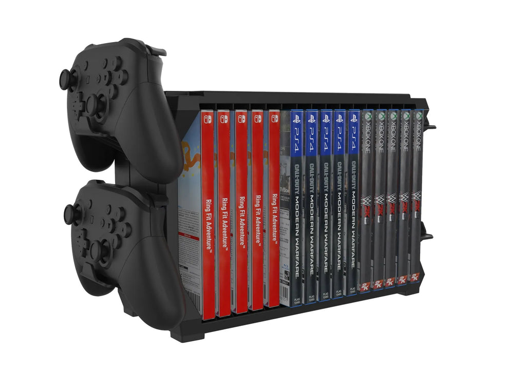 Black ABS plastic PS5 and Xbox Series X disc holder stand with slots for game cartridges and docks for four controllers.
