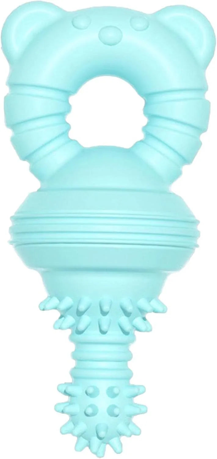Blue rubber dog chew toy with textured surface for teeth cleaning, 13.5cm long