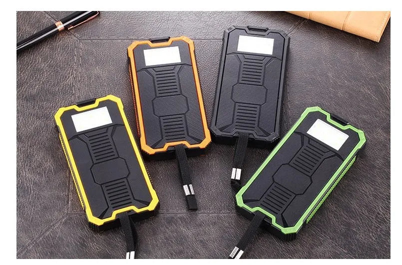 Solar power bank in orange plastic case with solar panel, showing USB ports and dimensions 161x79x17mm.