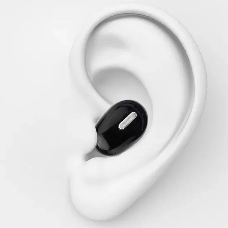 X9 mini single ear Bluetooth headset in black or white metal finish shown as an earplug-style wireless device.