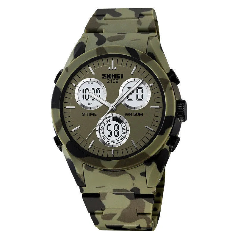 Casual digital watch with a camouflage strap and a digital display, showing 50m waterproof rating.