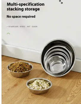 A stainless steel pet bowl for cats and dogs, shown in one of five available sizes.
