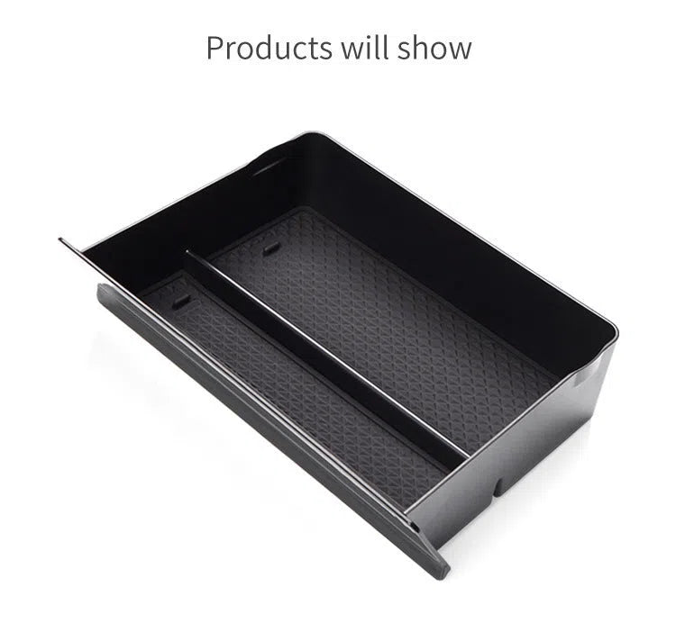 Black plastic car central storage grid drawer box for Tesla, 26x19x6.5cm, waterproof organiser