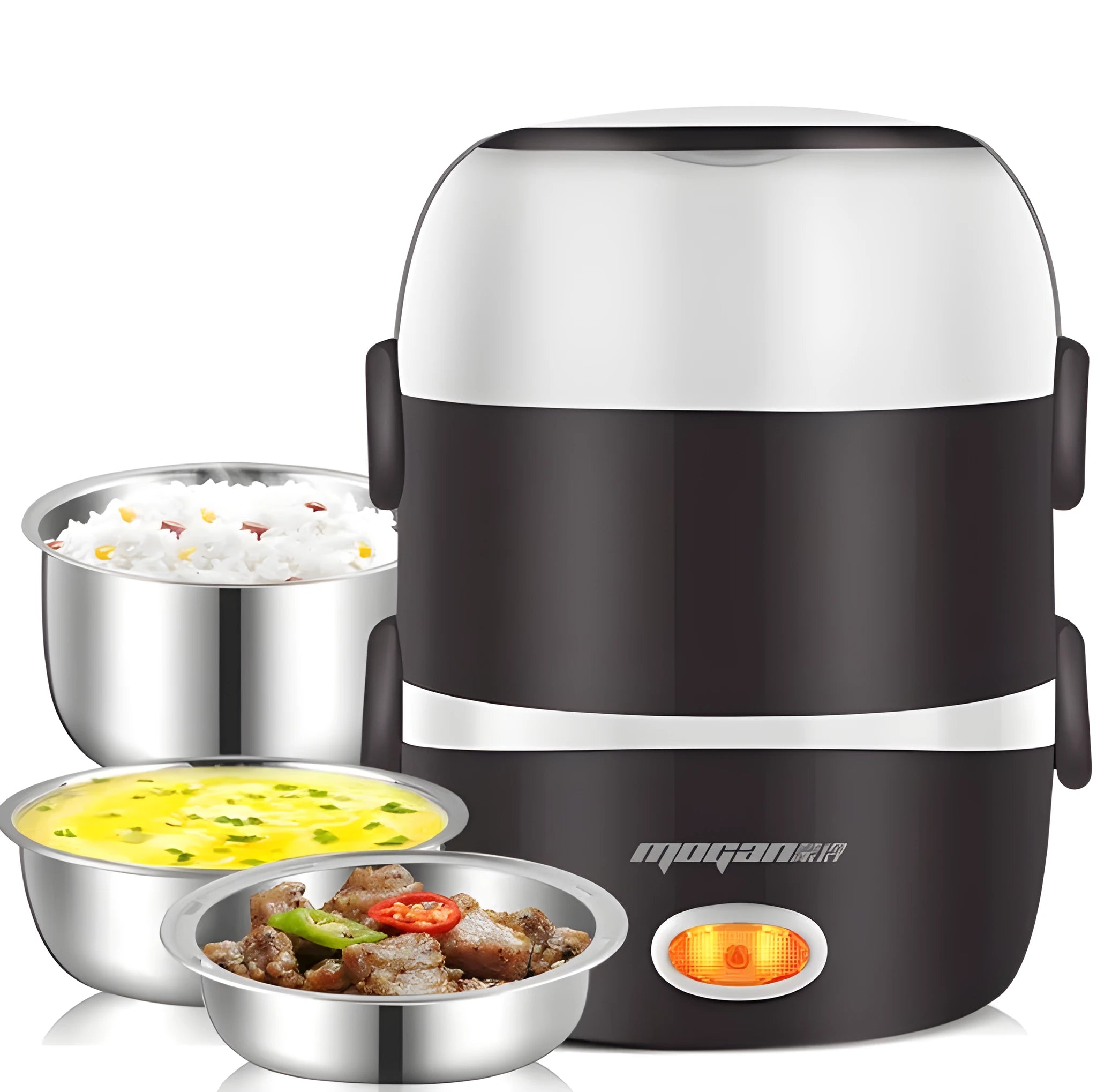 White rice cooker with stainless steel steaming basket, 2 litre capacity, 200w power rating