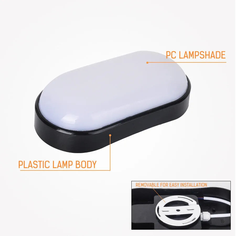 Oval moisture-proof LED wall light in black finish mounted on a porch wall