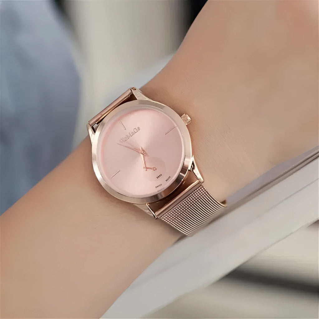 Unisex alloy mesh quartz watch with round silver case and dial on wrist