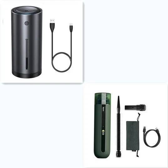 Baseus handheld cordless car vacuum cleaner in black, white, or green with blowing hose accessory.
