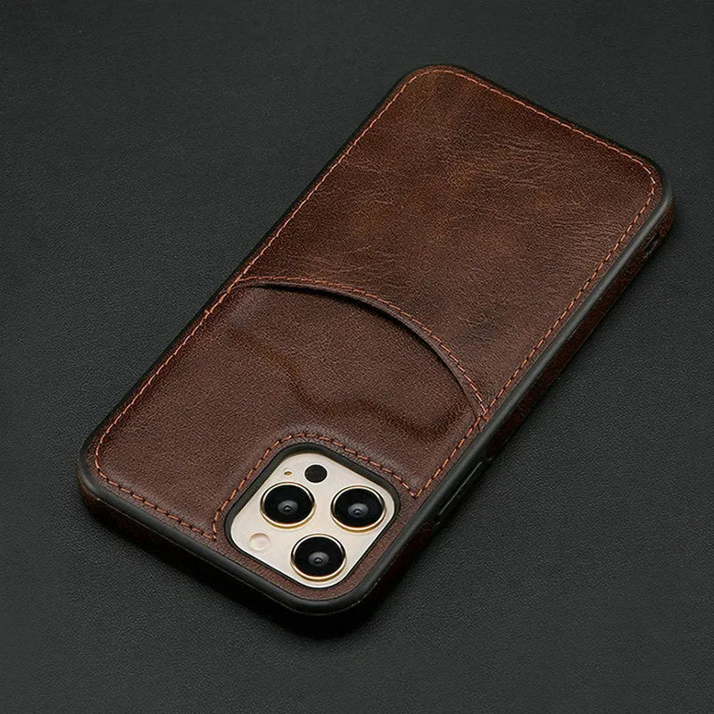 Dark blue PU leather protective case for iPhone models on a phone