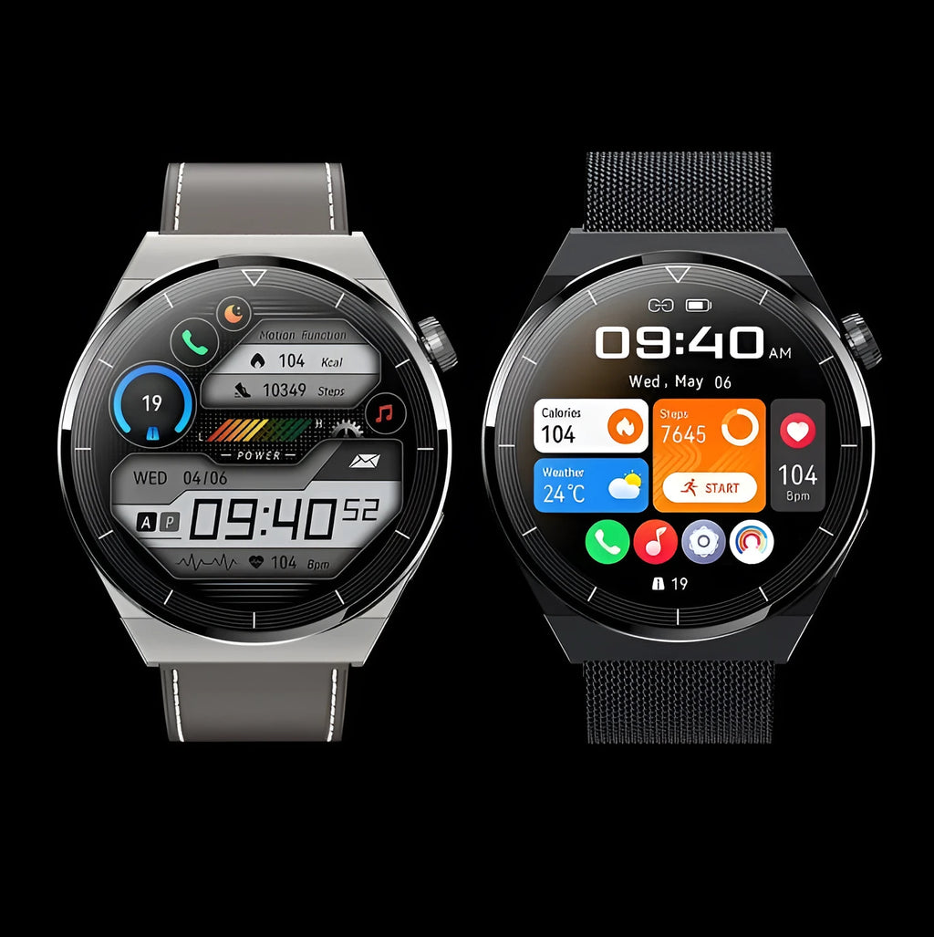 Black and silver Android smart watch with round screen on a silicone band