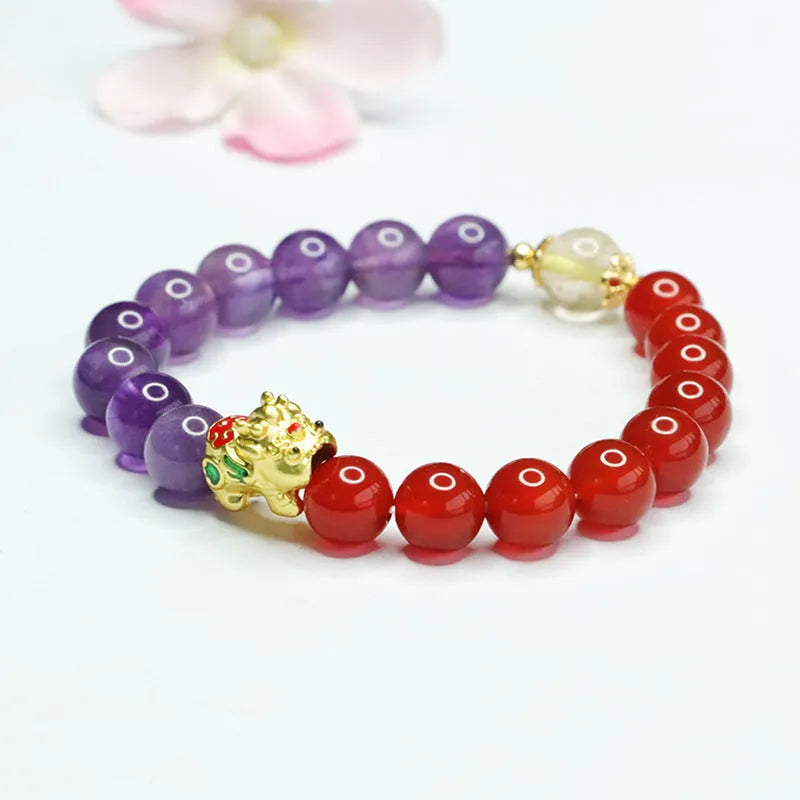 Women's amethyst and red agate bracelet with Chinese style design and 8mm stones